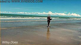 wife dares to play nude football on a public clothed beach