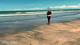 wife dares to play nude football on a public clothed beach