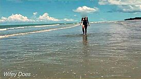 wife dares to play nude football on a public clothed beach