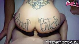 Unbelievable! Private German MMF threesome with tattoo milf sharing girlfriend!