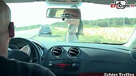 German hitchhiker seduces man for wild outdoor car sex