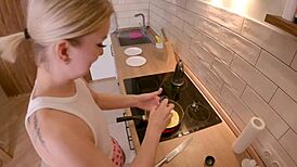 Wild tattooed milf gets pounded in kitchen missionary style. Big cock action rules!