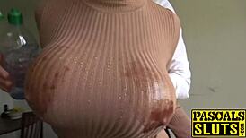 Busty milf succubus bent over for rough anal before eating cum.