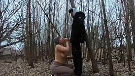 topless thick girl sucks cock in public park