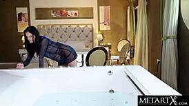 Petite teen gets naked masturbates to orgasm in jacuzzi dripping wet