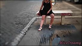 European milf Misscreamy flashes no panties upskirt in short dress, caught in public
