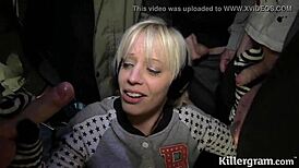 Cum slut blonde Loz Lorrimar dogging at night, sucking off strangers for facials