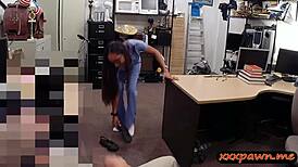 Glasses babe gets fucked by pawn keeper secretly