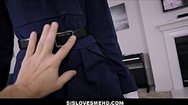 Cute blonde tiny stewardess teen stepsister Allie Nicole fucked hard in small bathroom. Stepbrother mimics mile high club in POV.