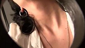 Alia Janine, big boob brunette, sucks glory hole cock