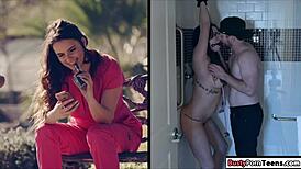 Busty brunette nurse gets rough blowjob and hard ass banging