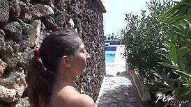 Short minx feels intense pleasure from thick rod in backyard