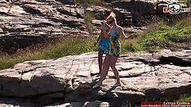 outdoor lesbian licking with busty blonde and brunette slut