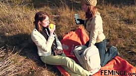 Feminge 4k - Brunette lesbians, wanna join our outdoor fun?