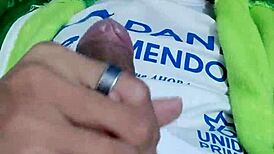 Young tattooed twink slaps his good cock while masturbating in dirty solo scene