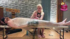 Blonde British milf tied up for edging in homemade bondage ruin