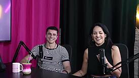 Brazilian blonde feels romantic in sheer red sideways pose at the store with bi partner.