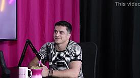 Brazilian blonde feels romantic in sheer red sideways pose at the store with bi partner.