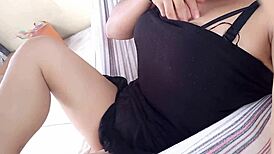 masturbating my tight pussy on the balcony at my stepbrother's house after watching porn