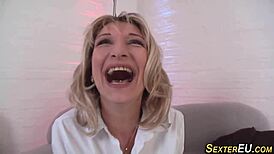 German milf masturbates with toys close-up