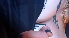 Woman with huge pussy lips shows off hairy goth tits and masturbates