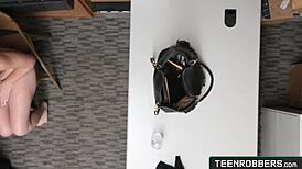 Cute teen shoplifter gets punished with blowjob in office by police cock