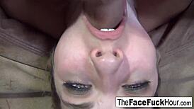 the blonde babe's throat gets filled with cock