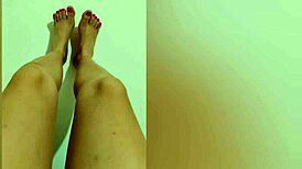 Shy hottie with red pedicure shows off her sexy legs on camera