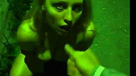 Stunning girlfriend performs nude blowjob outdoors on the street at night