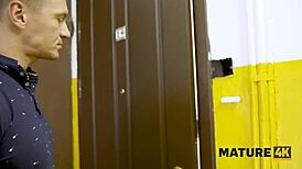 Mature short-haired blonde gets licked and fucked before signing crucial contract with pickup man