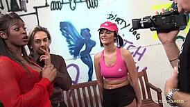 Seeing Lexi passionately kiss the brunette makes their throbbing shafts desperate to turn their fun into an intense interracial foursome 😏