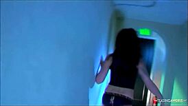 After licking her shaved pussy, he roughly pummels skinny brunette with monster cock in missionary