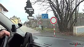 French girl rides stranger's cock in van with deepthroat and tight pussy