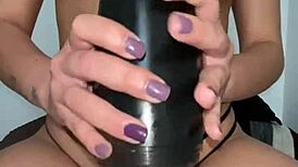 My whore friend intensely masturbates me with a toy in bold action.