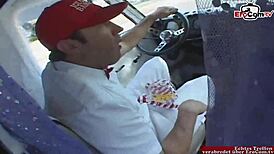 Small tits teen on rollerblades picked up for car fun