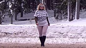 winter flashing of big naked ass in snowy outdoor solo. blonde babe teases with sexy homemade public display.
