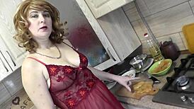 Milf Frina Cooks Naked in See-Through Negligee with Sexy Curves