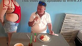 Naked Waitress Serves Guest from Her Navel