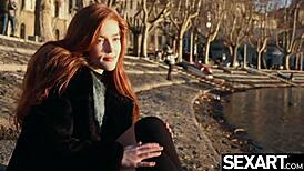 stunning redhead jia lissa rides huge dildo to orgasms