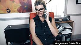 Vicky Vette casually opens legs to flash pussy at her boss
