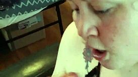 Fat B eagerly sucks cock, he cums on her cookies