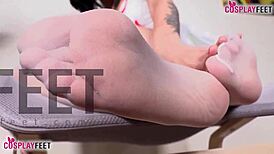 hot cosplayer flaunts feet in nylons, switching between nun and nurse roles