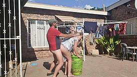 hey, wanna see outdoor fucking while stripping off laundry?