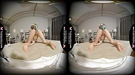 Amanda Clarke masturbating her shaved pussy in VR solo.