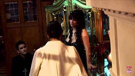 Naughty Brunette in Heels Kneels to Suck at Church