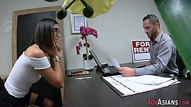 Tiny teen 18+ asian intern in glasses and stockings sucks big cock at work and gets facial