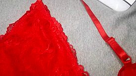 Masturbated with friend's red lingerie and came 😈