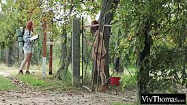 lesbian redhead meets stranger outdoors