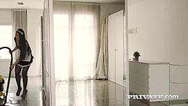 Asian maid Katana spanks shaved pussy, deepthroat blowjob, cum facial!