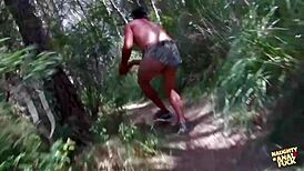 a simple hiking trip turns into outdoor threesome double penetration